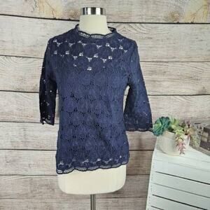 J. Crew Collection Lustre Lace Mockneck Top‎ Navy Size Extra Small